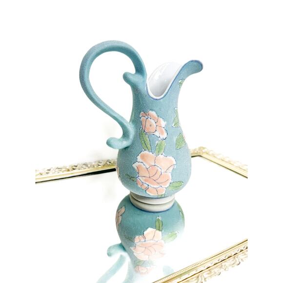 Vintage Glazed Sand Textured Botanical Roses Blue Ceramic Ewer Pitcher Vase - Picture 2 of 9